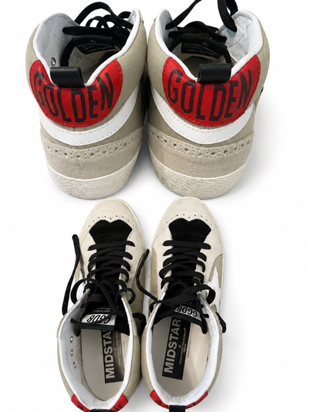 Golden Goose Mid Star High-Top Sneakers in Beige, White, Black, Red